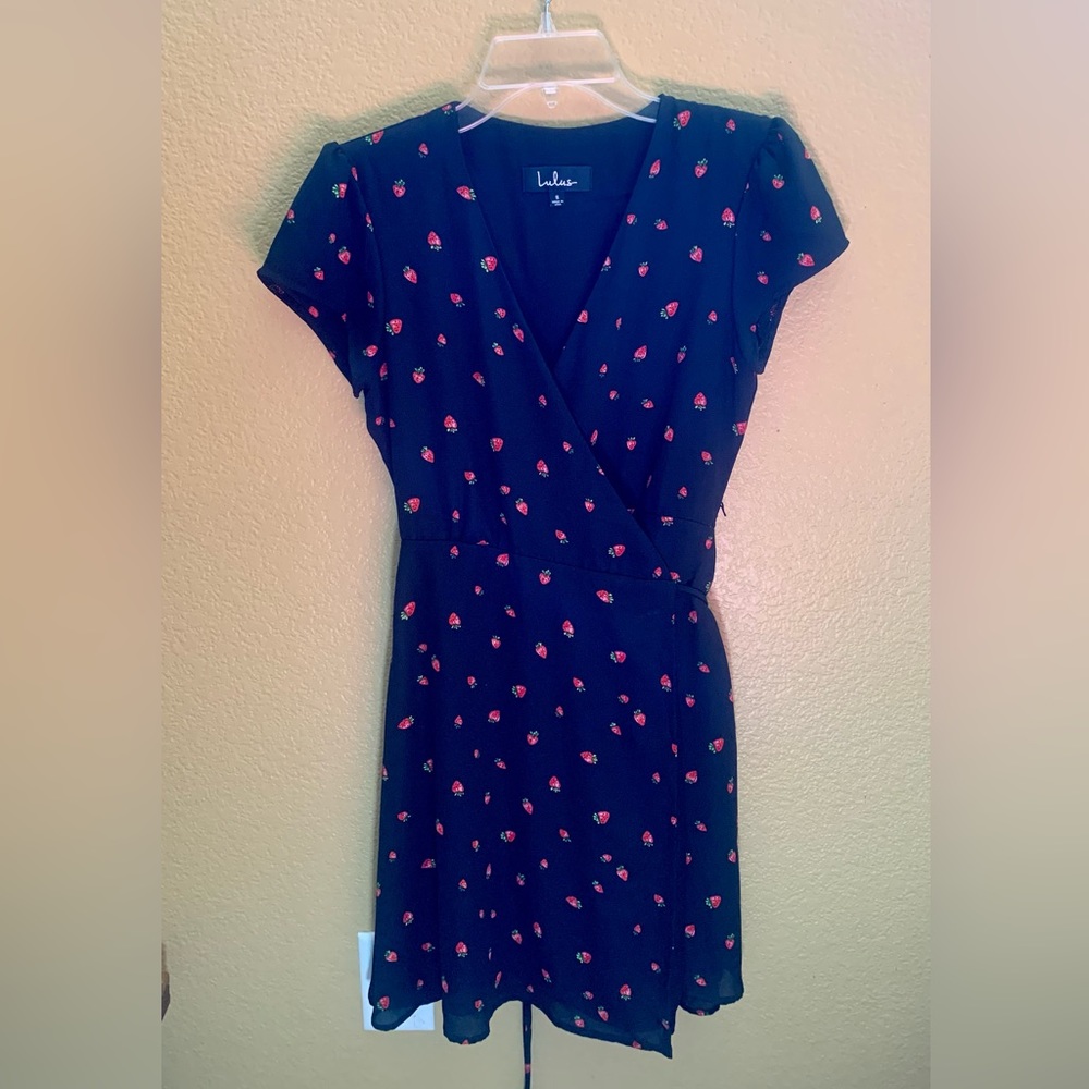 Lulu’s wrap dress, black with strawberries